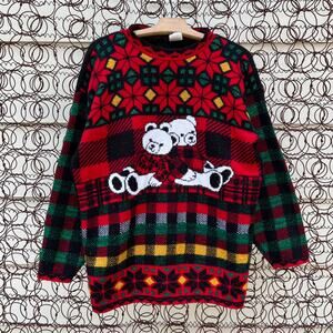 Vintage 90s Holiday Time Teddy Bear plaid ugly christmas sweater SMALL